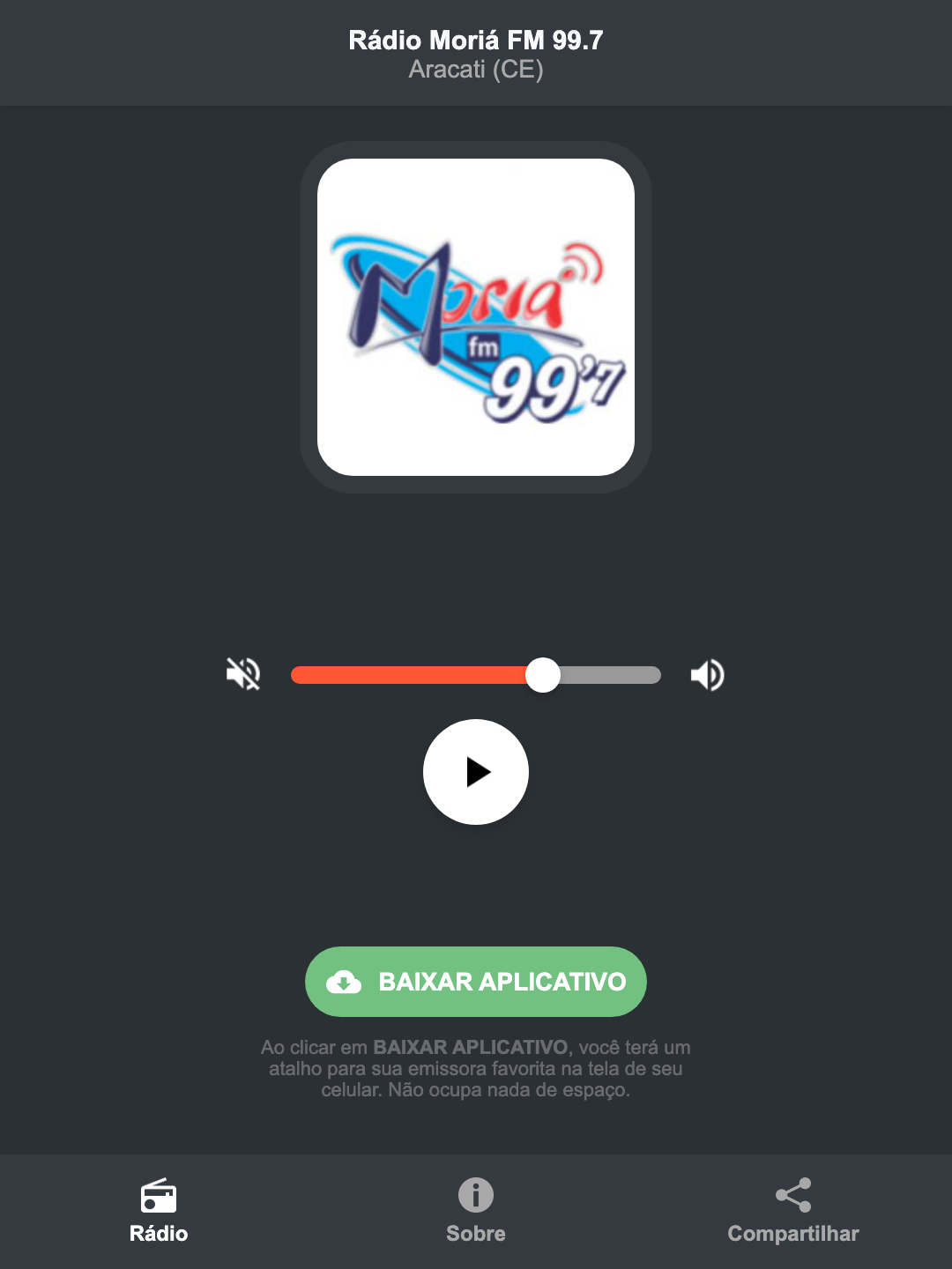 Screenshot do aplicativo da Rádio Moriá FM 99.7