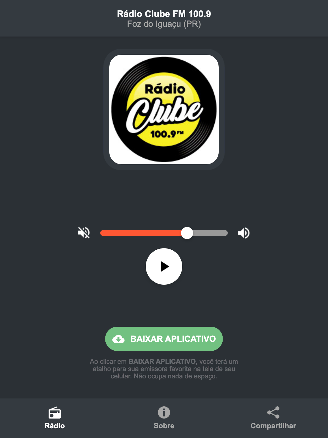 Screenshot do aplicativo da Rádio Clube FM 100.9