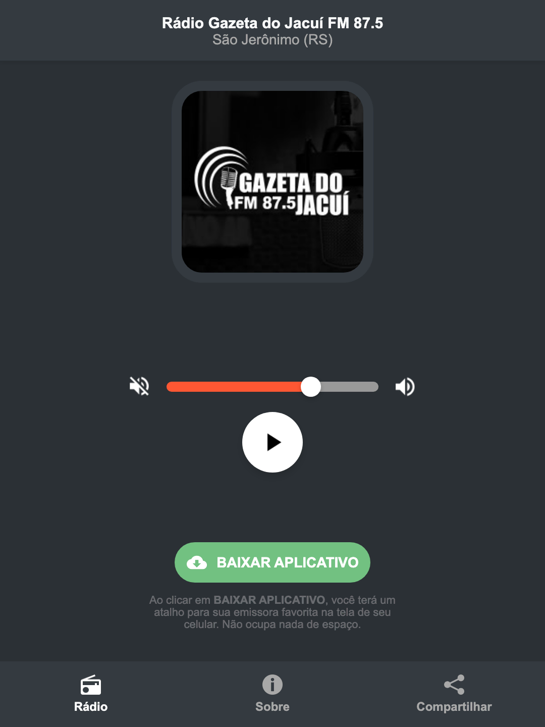 Screenshot do aplicativo da Rádio Gazeta do Jacuí FM 87.5