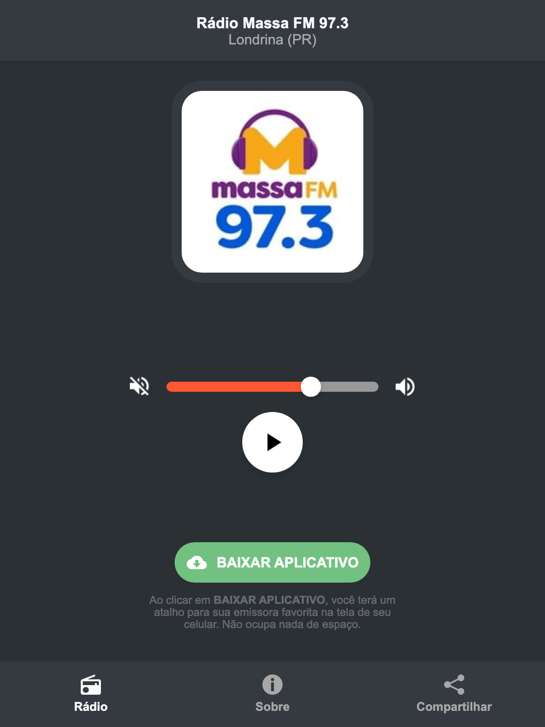 Screenshot do aplicativo da Rádio Massa FM 97.3