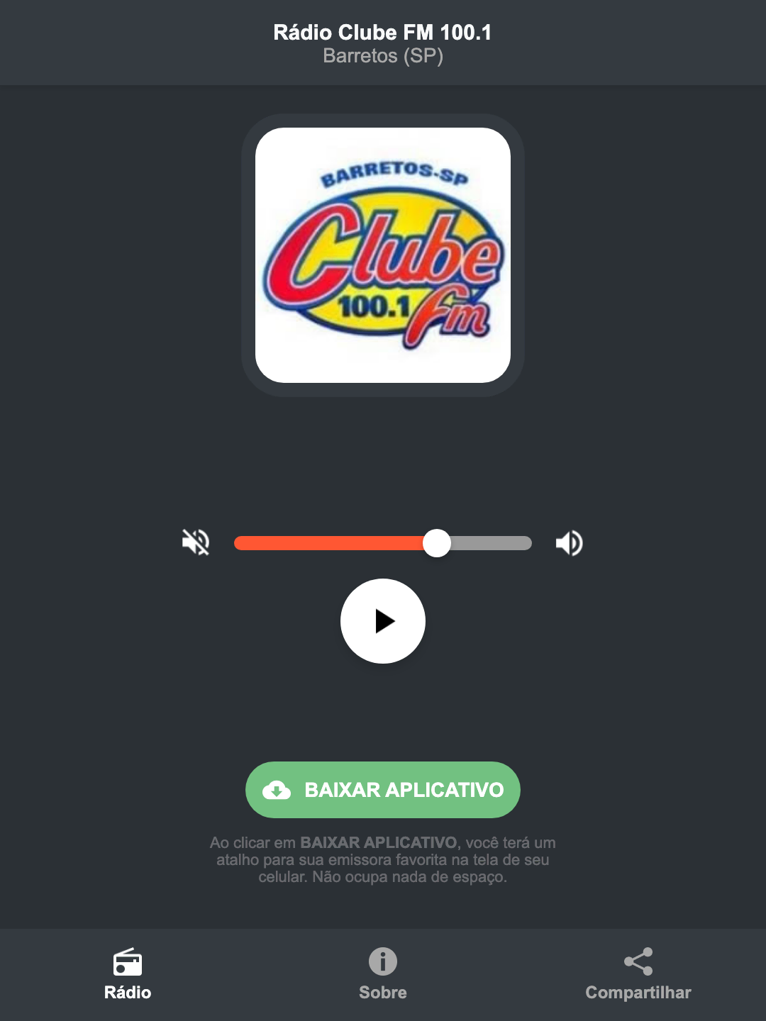 Screenshot do aplicativo da Rádio Clube FM 100.1