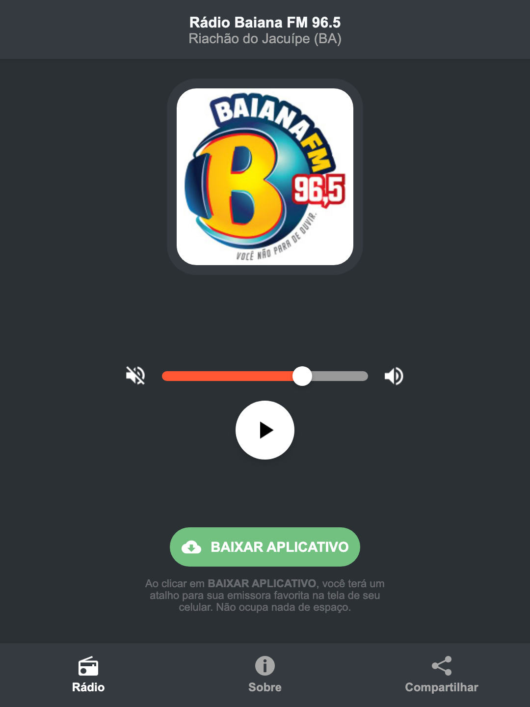 Screenshot do aplicativo da Rádio Baiana FM 96.5