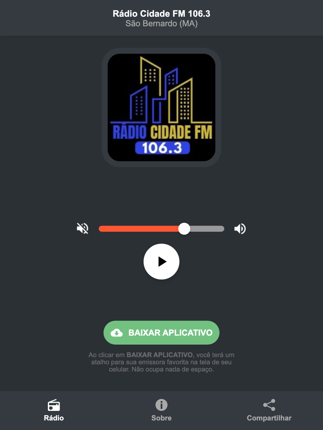 Screenshot do aplicativo da Rádio Cidade FM 106.3