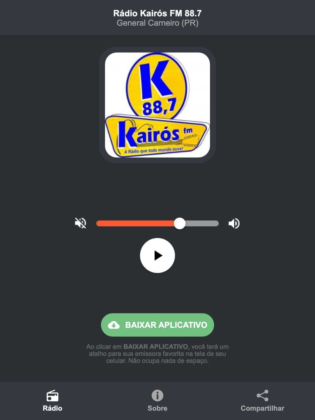 Screenshot do aplicativo da Rádio Kairós FM 88.7