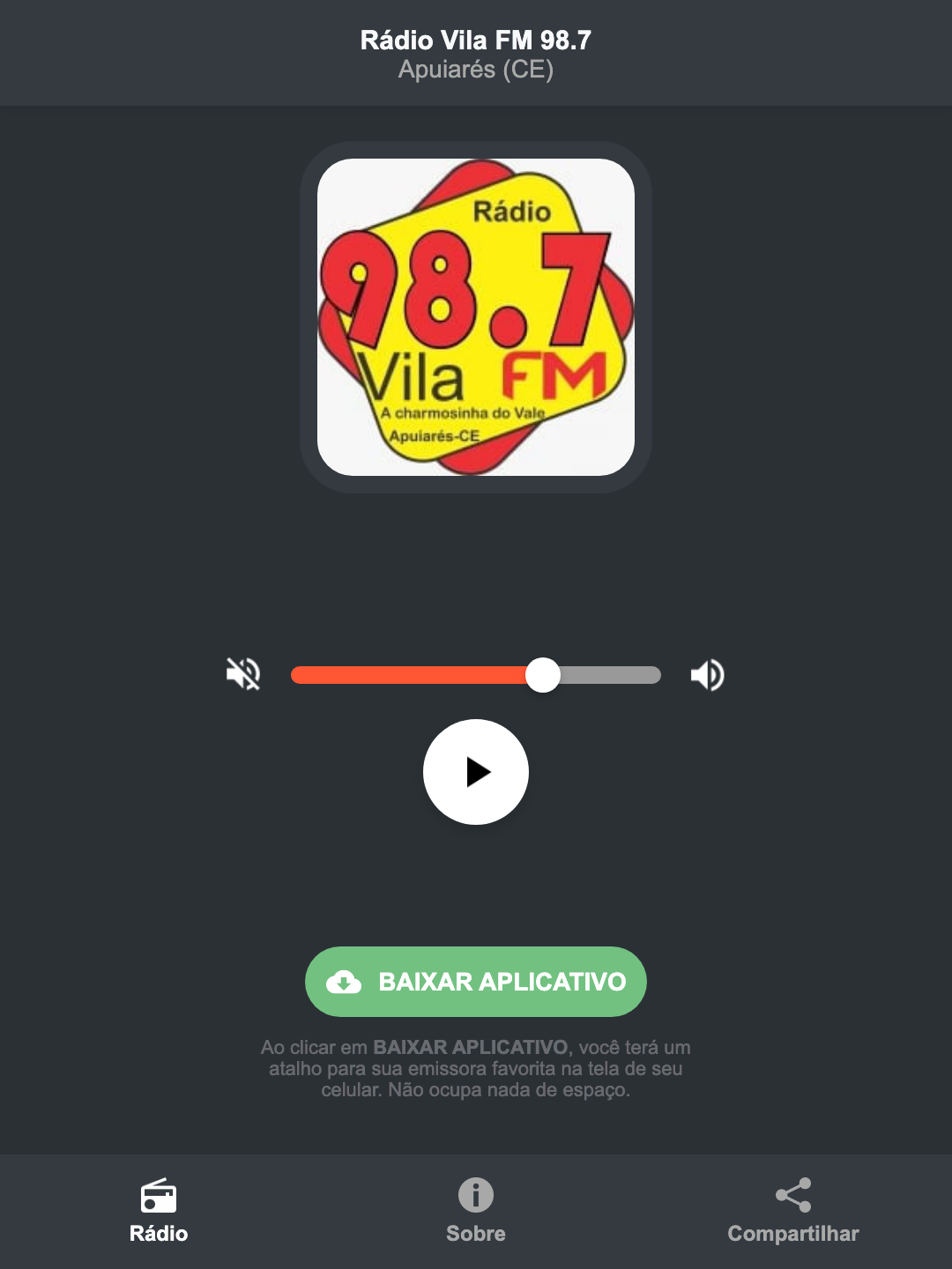 Screenshot do aplicativo da Rádio Vila FM 98.7
