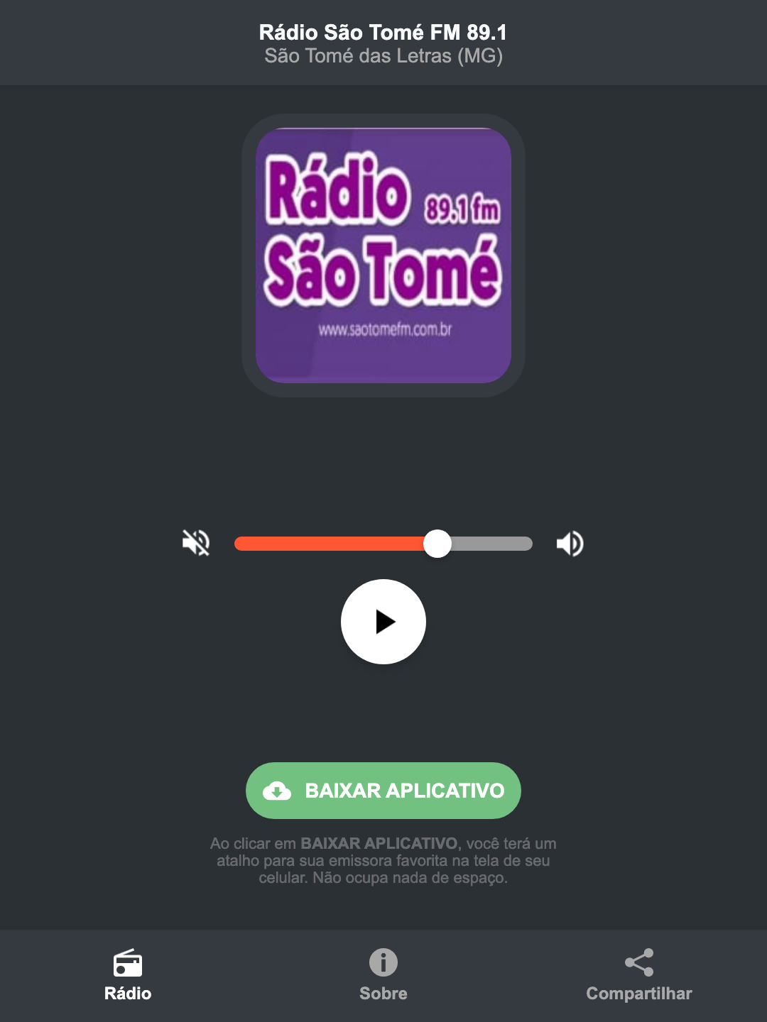 Screenshot do aplicativo da Rádio São Tomé FM 89.1