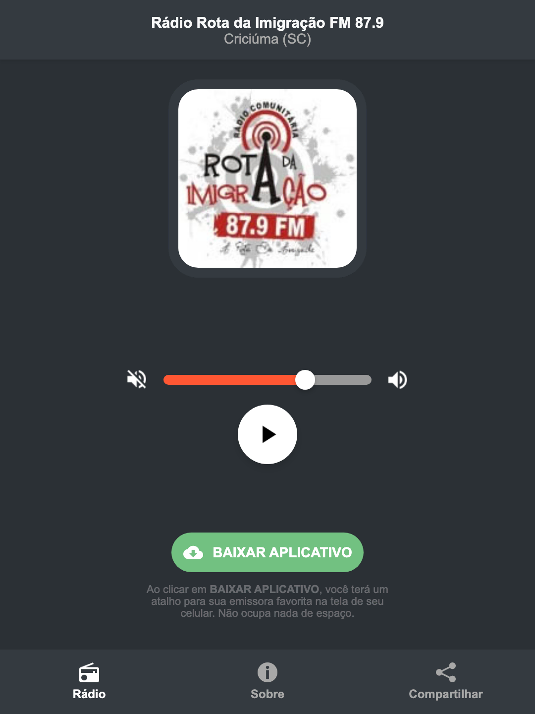 Screenshot do aplicativo da Rádio Rota da Imigração FM 87.9