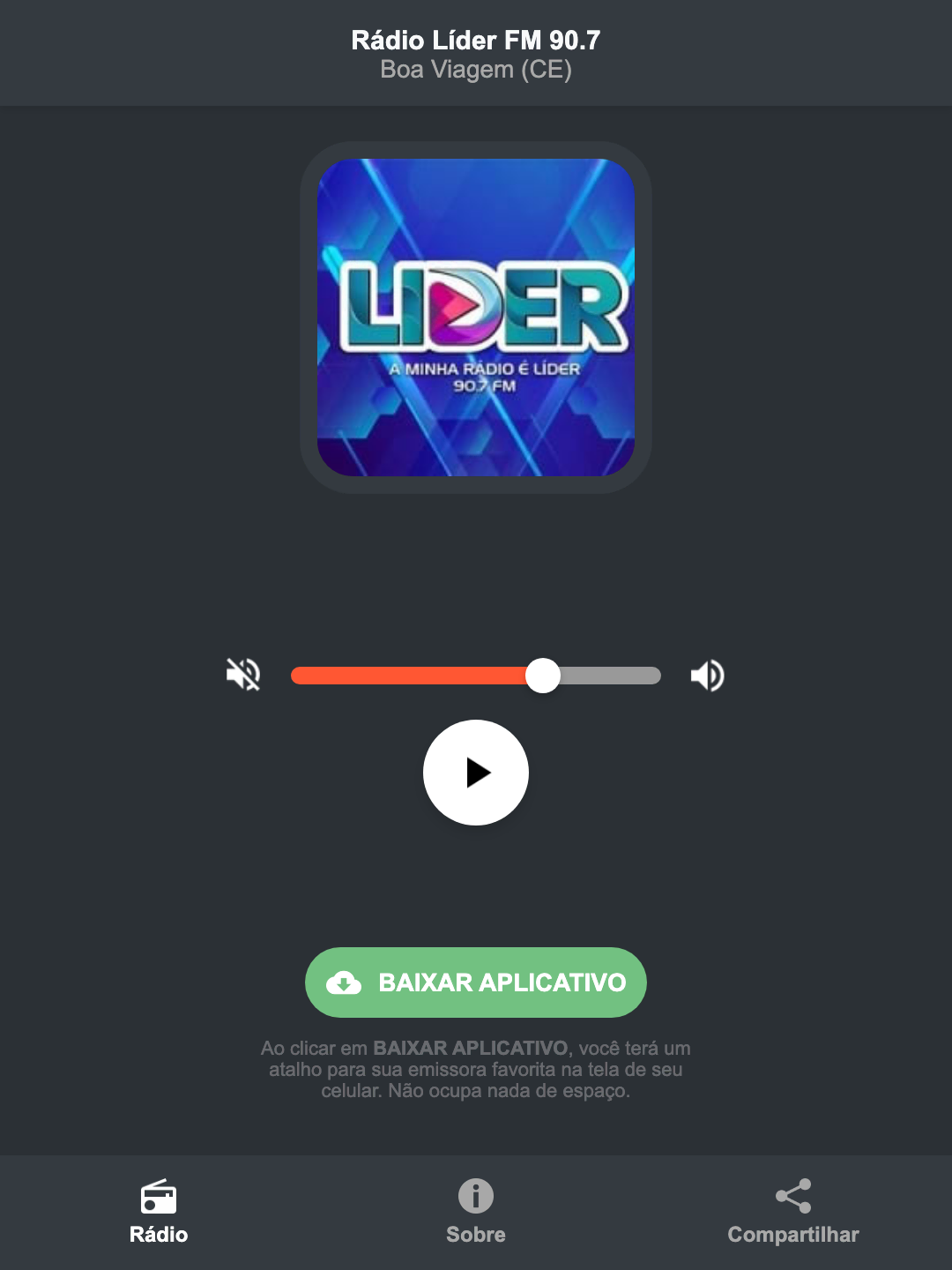 Screenshot do aplicativo da Rádio Líder FM 90.7