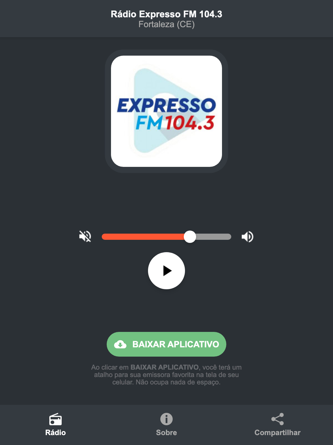 Screenshot do aplicativo da Rádio Expresso FM 104.3