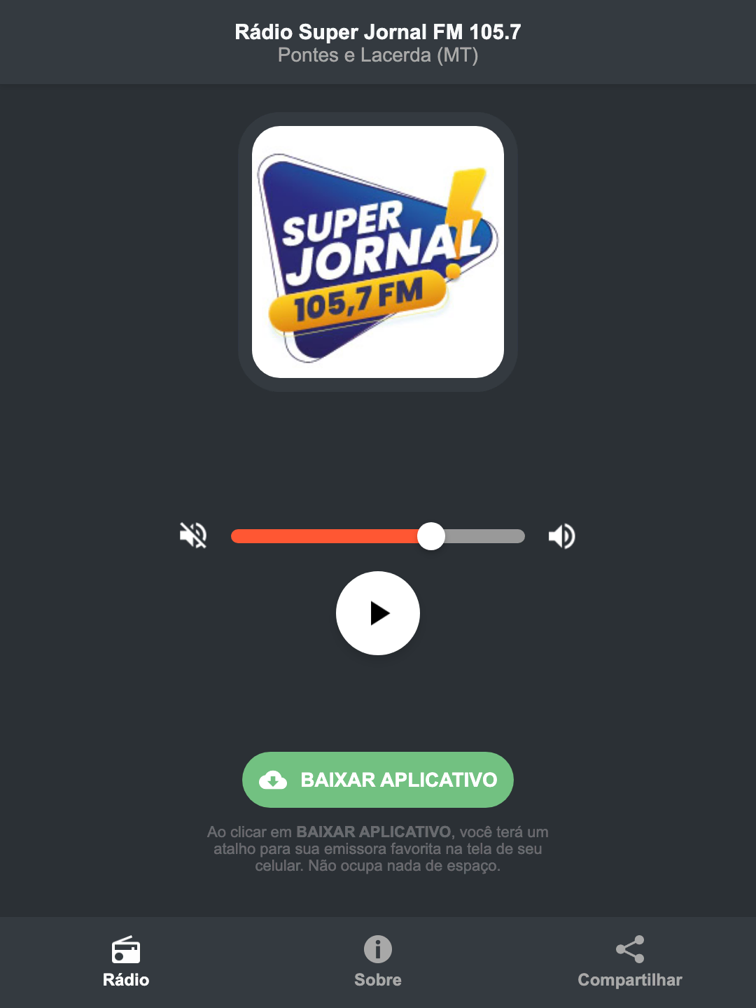 Screenshot do aplicativo da Rádio Super Jornal FM 105.7