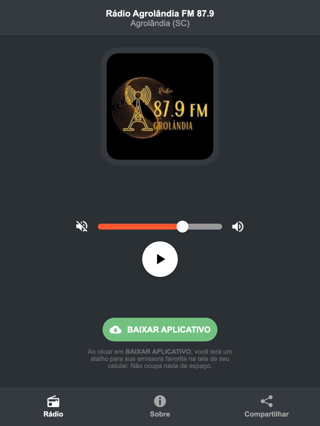 Screenshot do aplicativo da Rádio Agrolândia FM 87.9