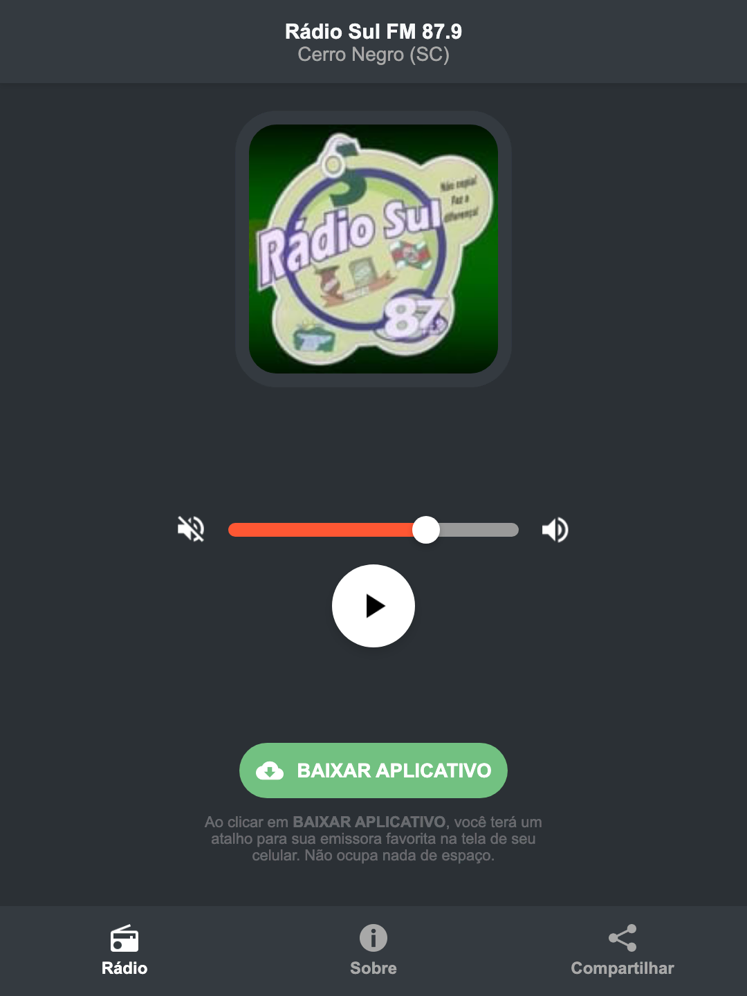 Screenshot do aplicativo da Rádio Sul FM 87.9