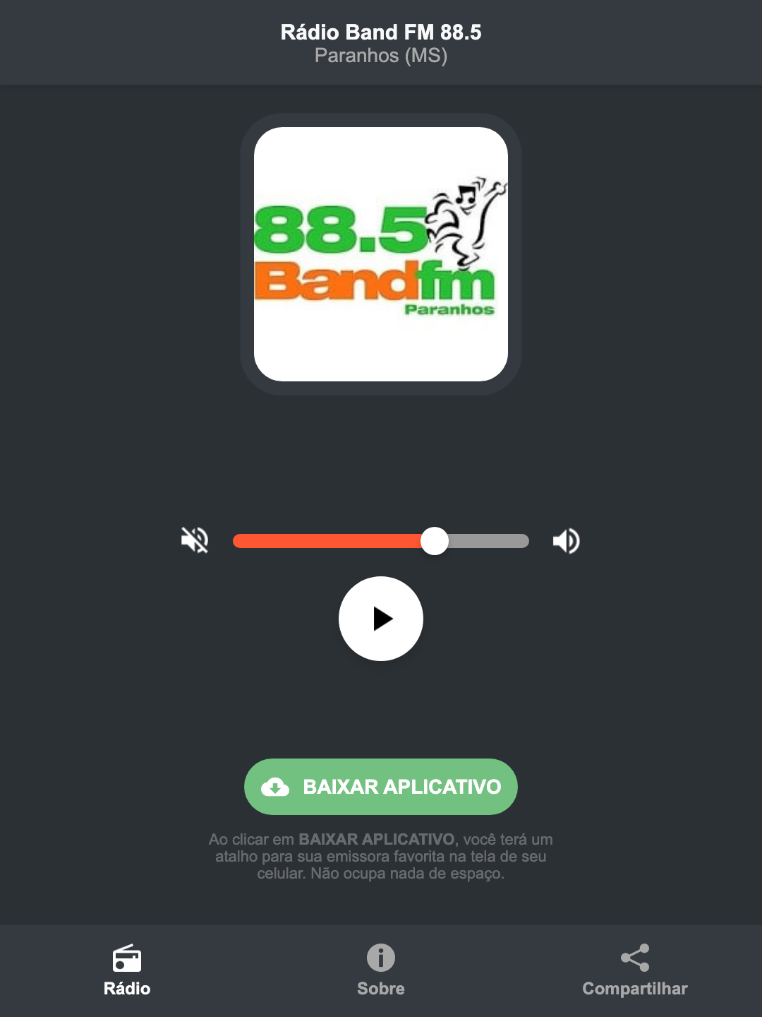Screenshot do aplicativo da Rádio Band FM 88.5