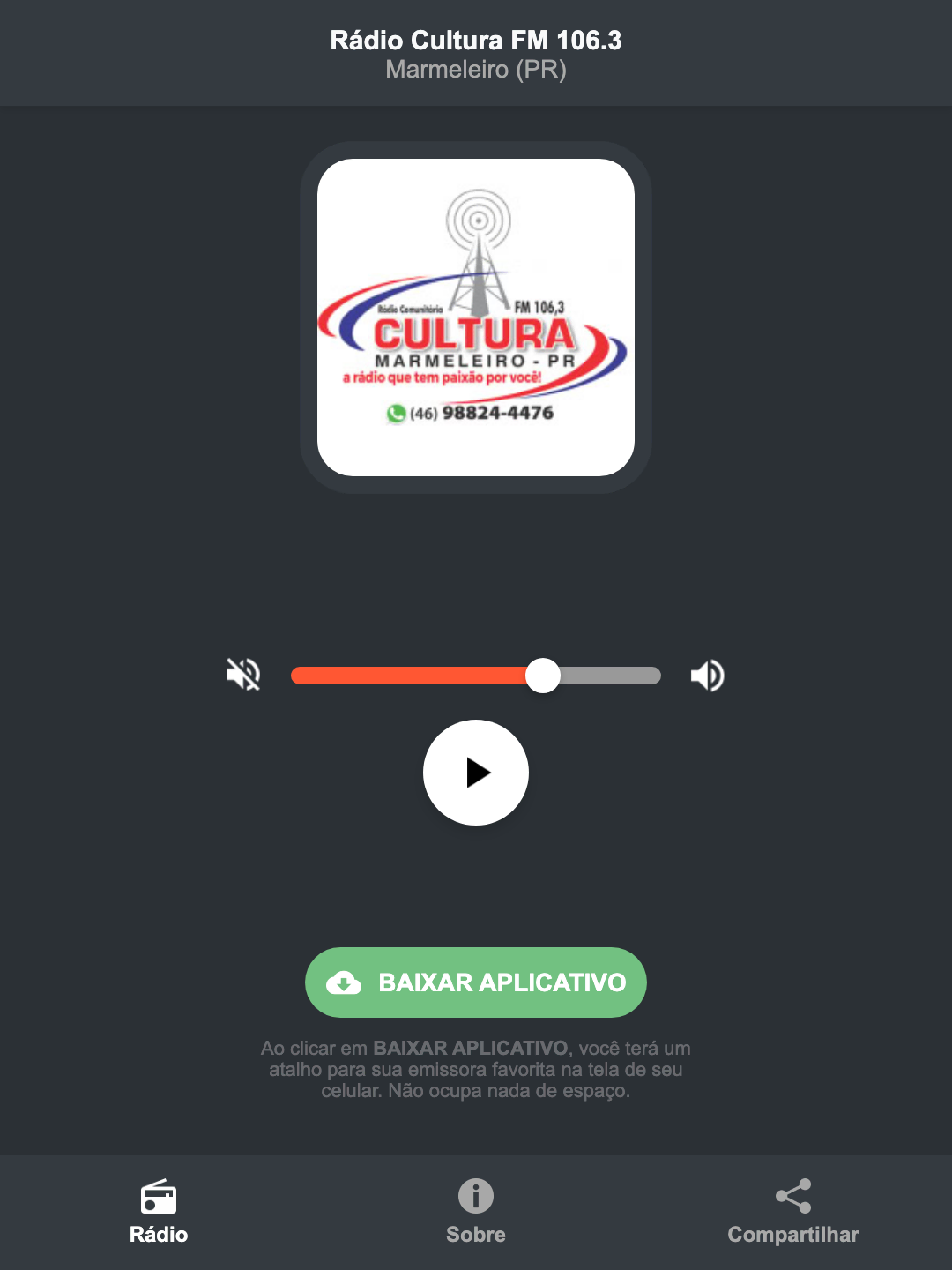 Screenshot do aplicativo da Rádio Cultura FM 106.3