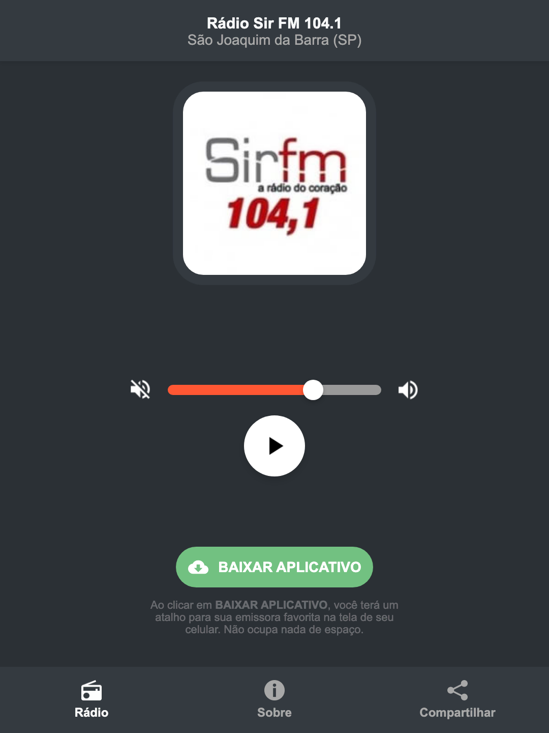 Screenshot do aplicativo da Rádio Sir FM 104.1