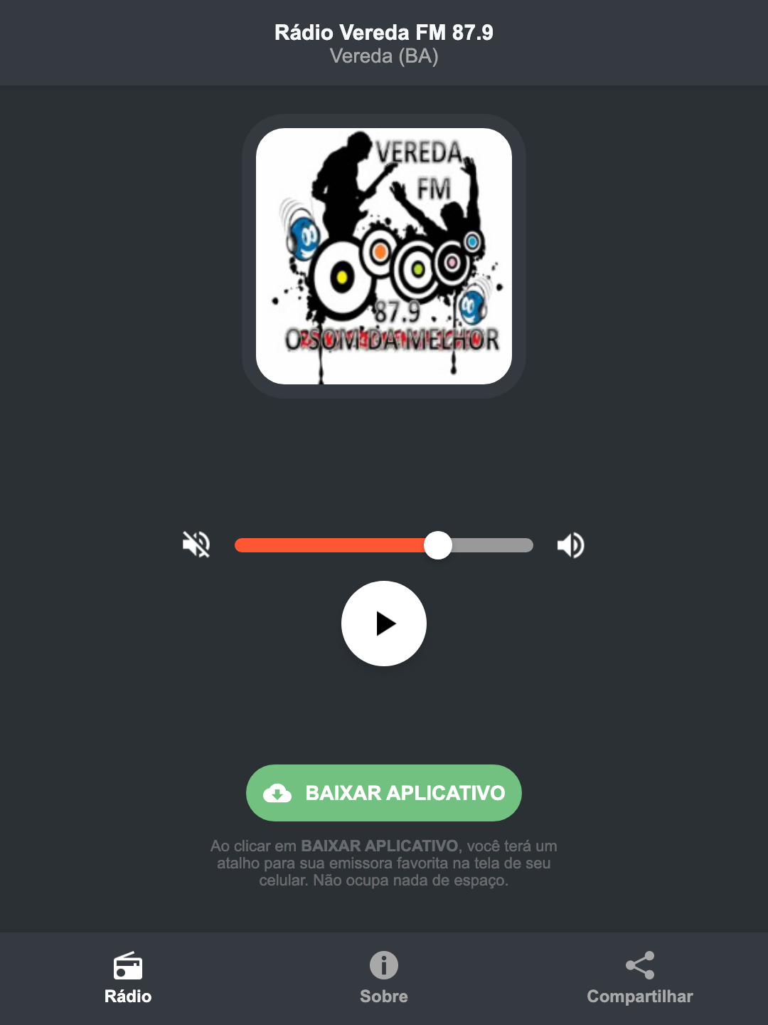 Screenshot do aplicativo da Rádio Vereda FM 87.9