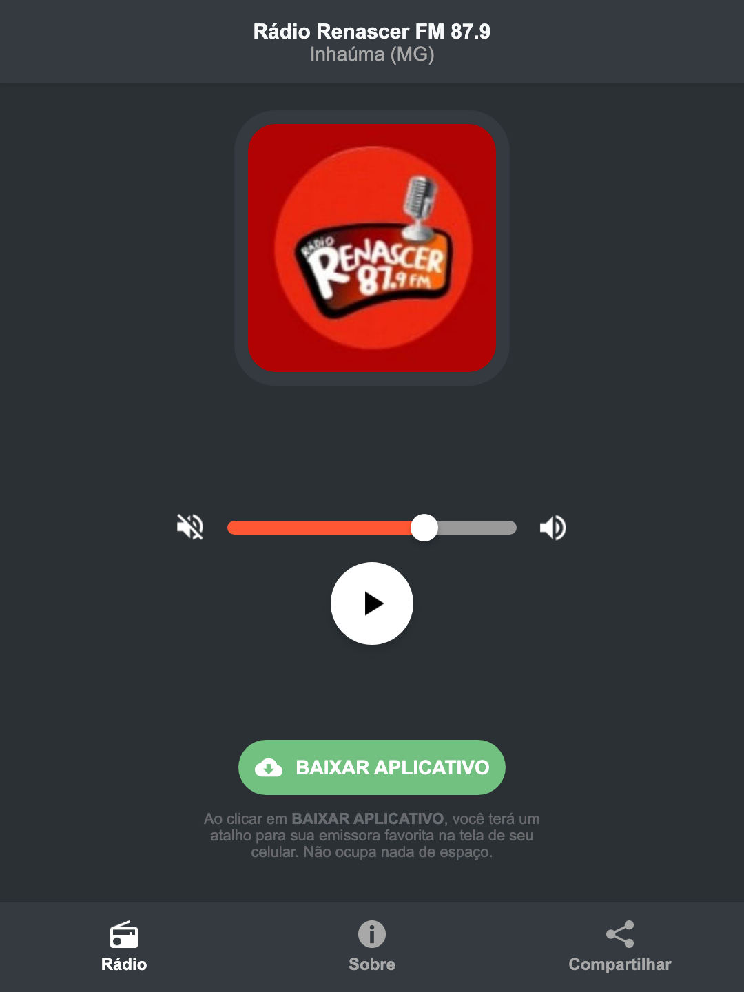 Screenshot do aplicativo da Rádio Renascer FM 87.9
