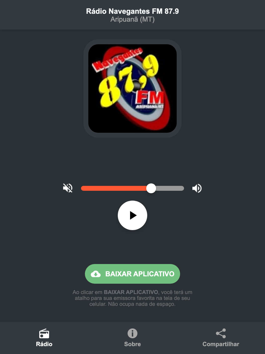 Screenshot do aplicativo da Rádio Navegantes FM 87.9