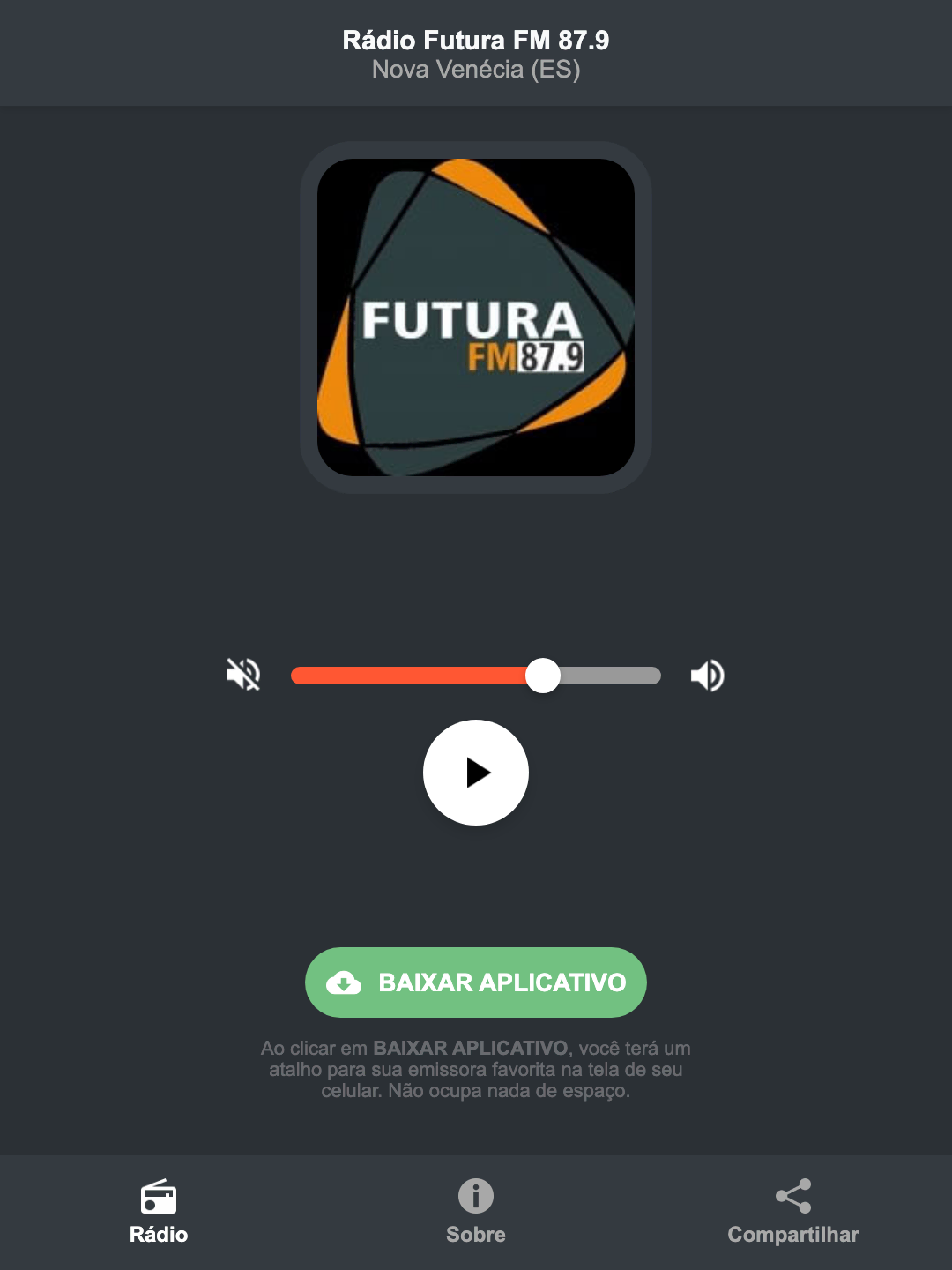 Screenshot do aplicativo da Rádio Futura FM 87.9