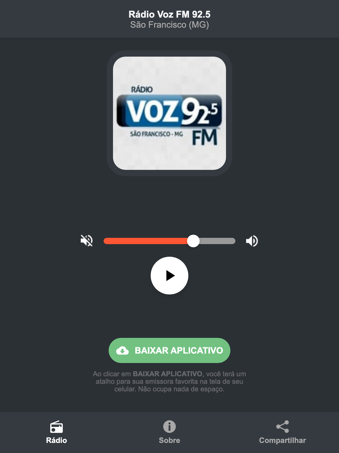 Screenshot do aplicativo da Rádio Voz FM 92.5
