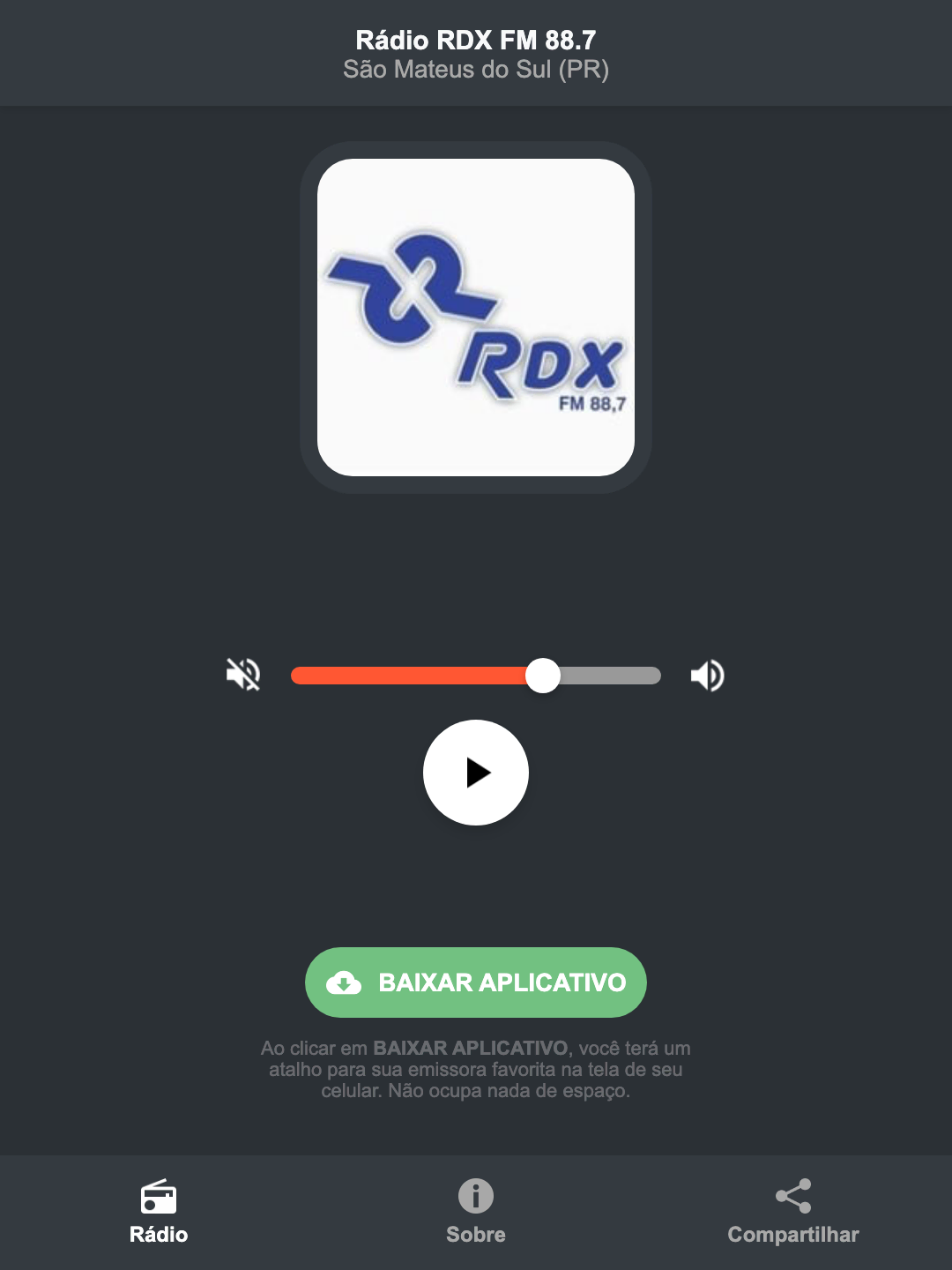Screenshot do aplicativo da Rádio RDX FM 88.7