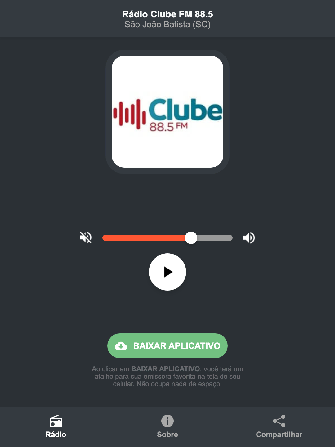 Screenshot do aplicativo da Rádio Clube FM 88.5