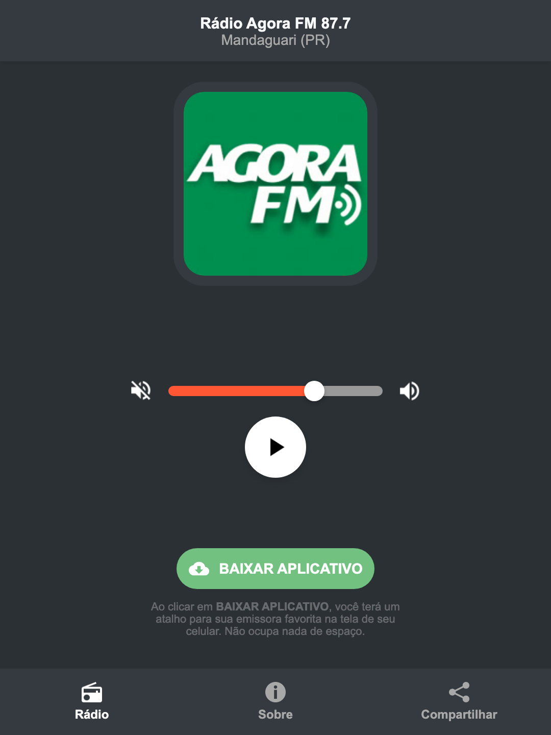 Screenshot do aplicativo da Rádio Agora FM 87.7