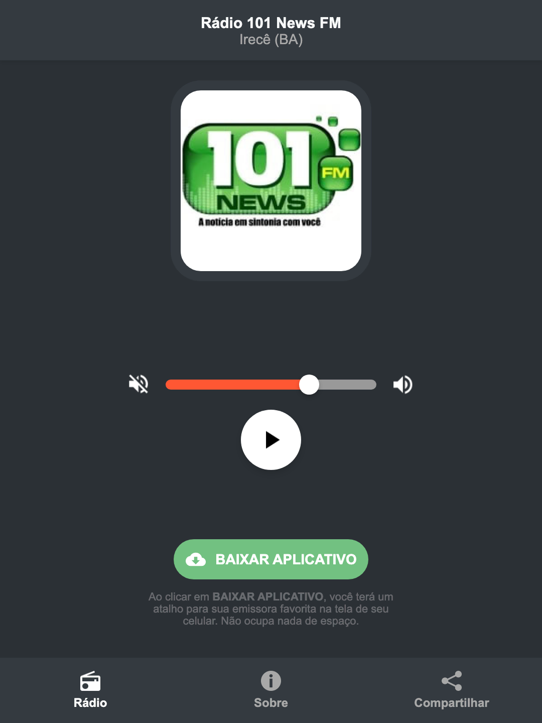 Screenshot do aplicativo da Rádio 101 News FM