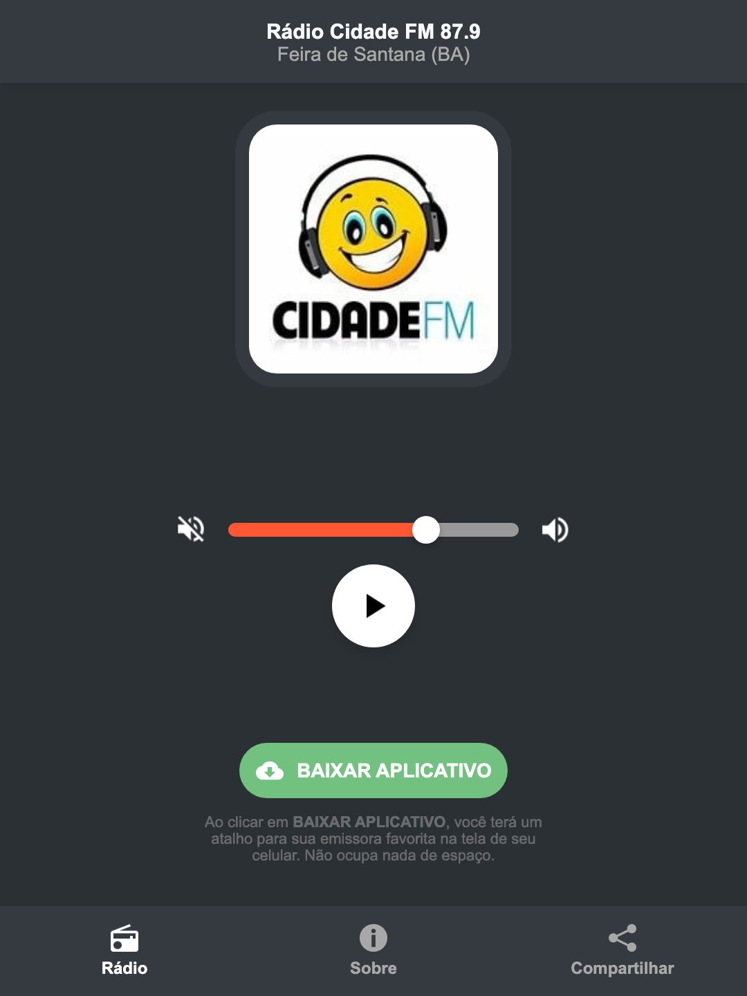 Screenshot do aplicativo da Rádio Cidade FM 87.9