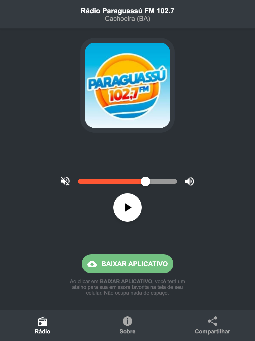 Screenshot do aplicativo da Rádio Paraguassú FM 102.7