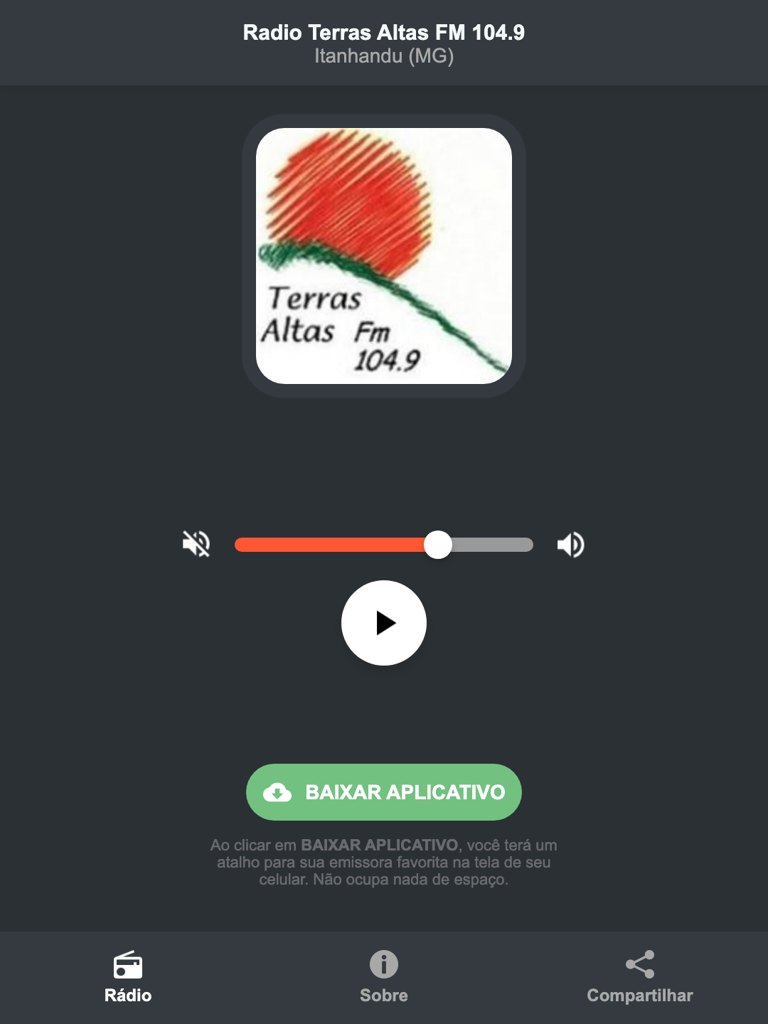Screenshot do aplicativo da Radio Terras Altas FM 104.9
