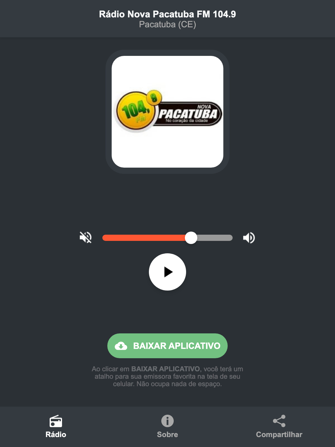 Screenshot do aplicativo da Rádio Nova Pacatuba FM 104.9