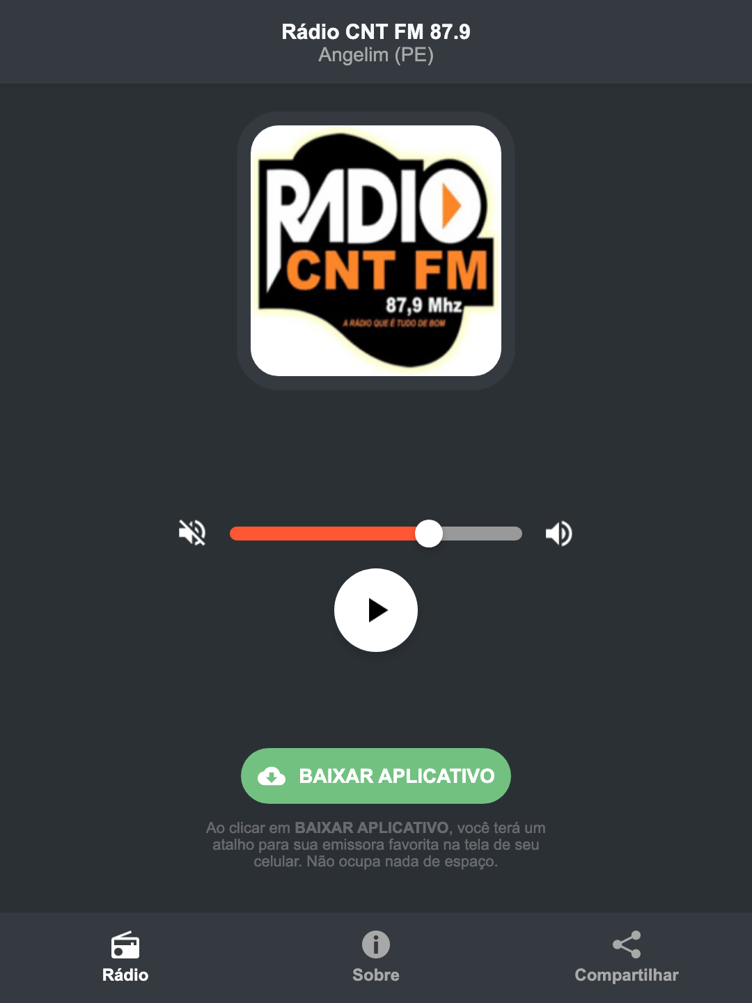 Screenshot do aplicativo da Rádio CNT FM 87.9