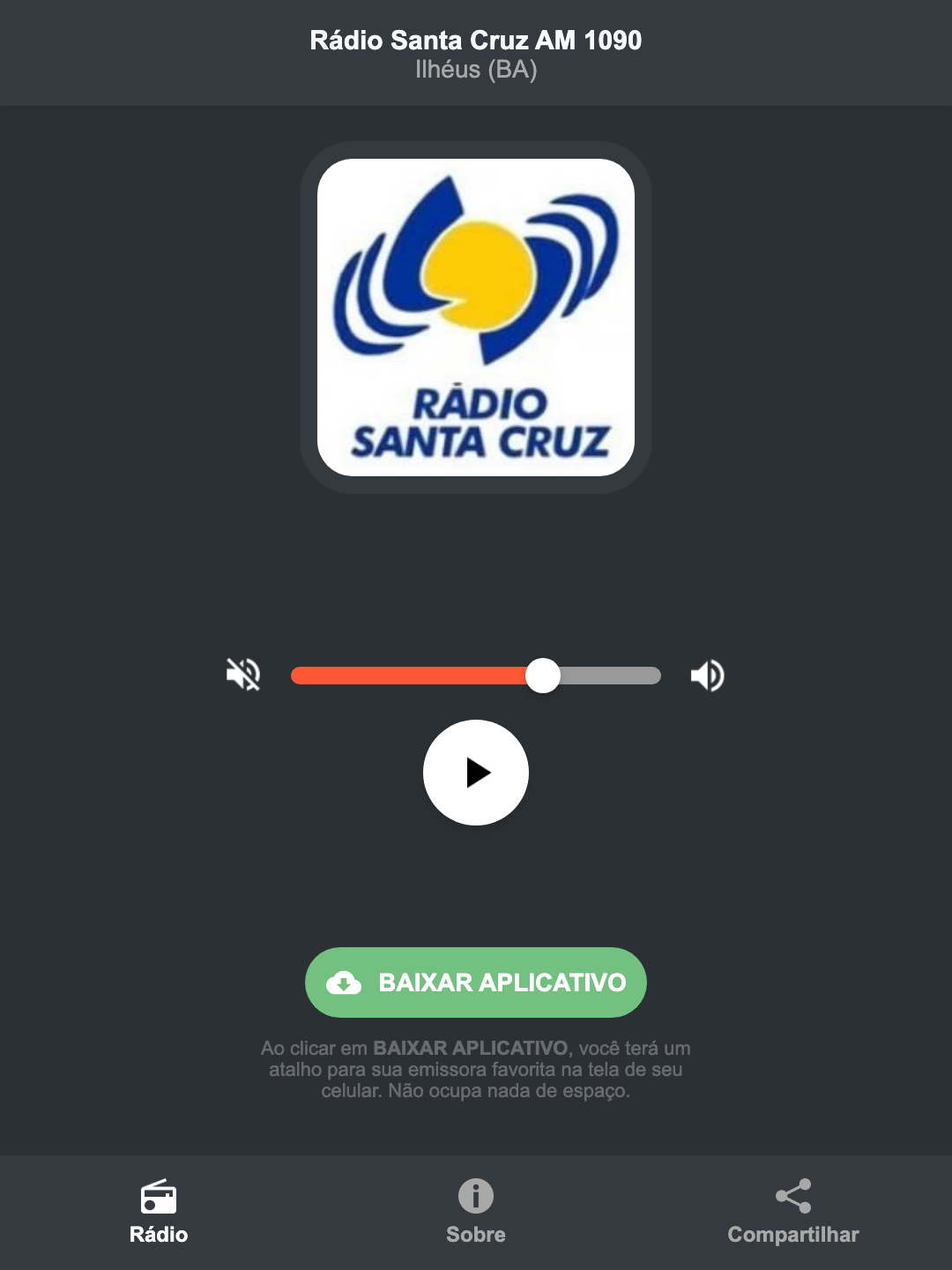 Screenshot do aplicativo da Rádio Santa Cruz AM 1090
