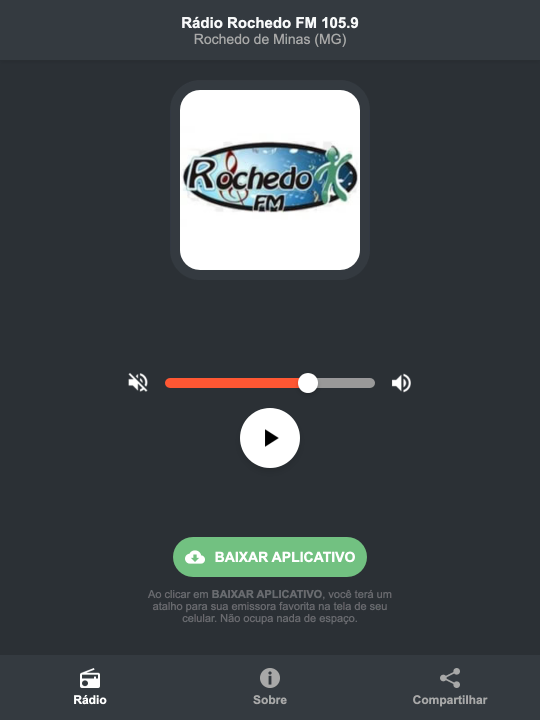 Screenshot do aplicativo da Rádio Rochedo FM 105.9