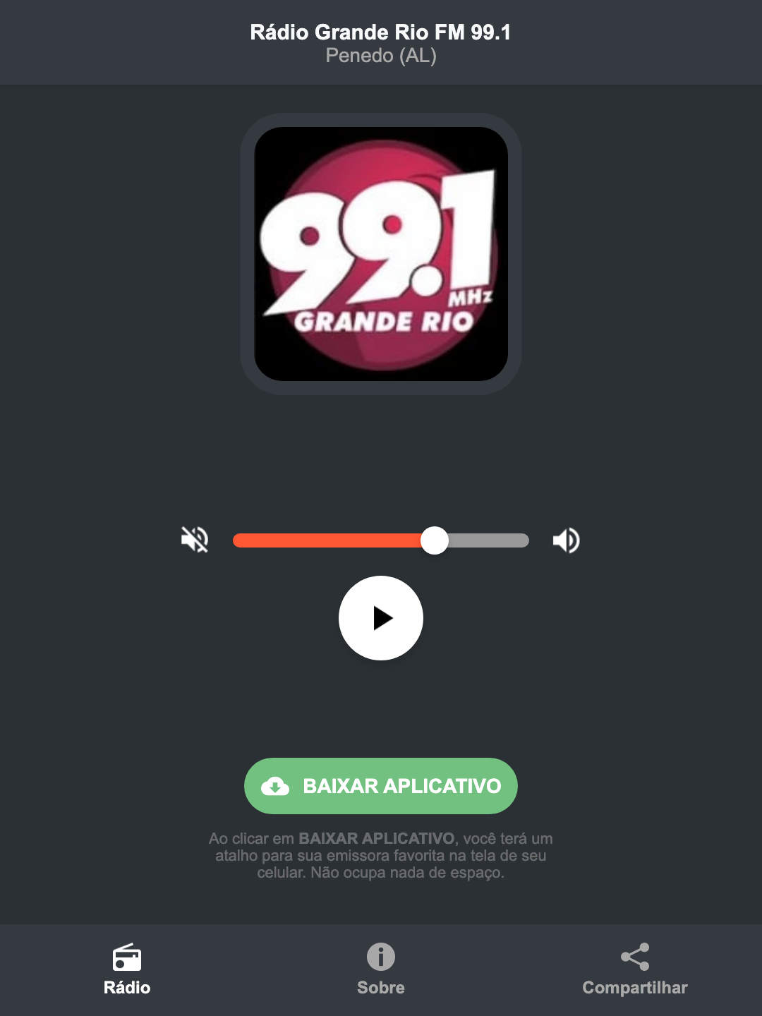 Screenshot do aplicativo da Rádio Grande Rio FM 99.1