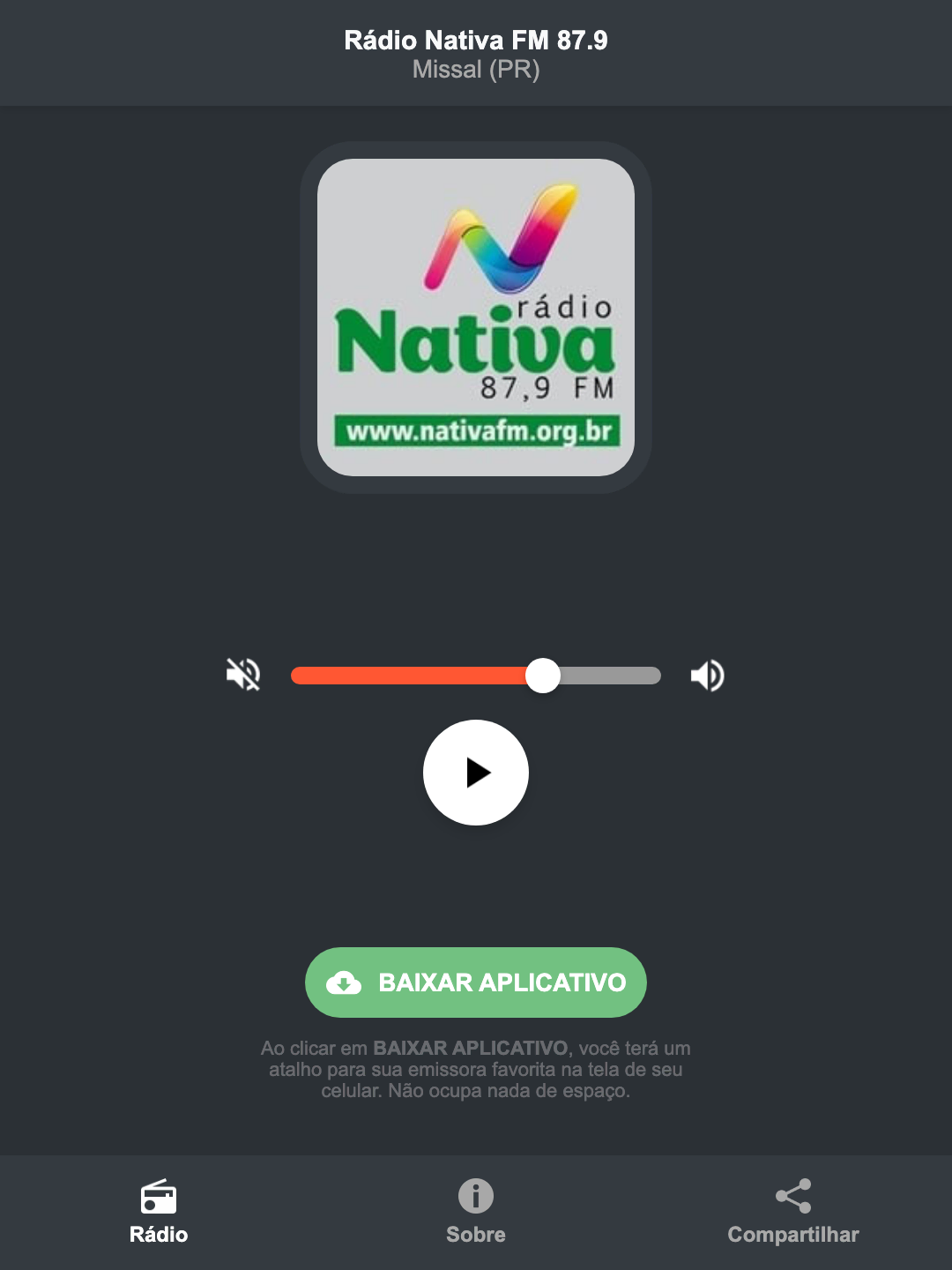 Screenshot do aplicativo da Rádio Nativa FM 87.9
