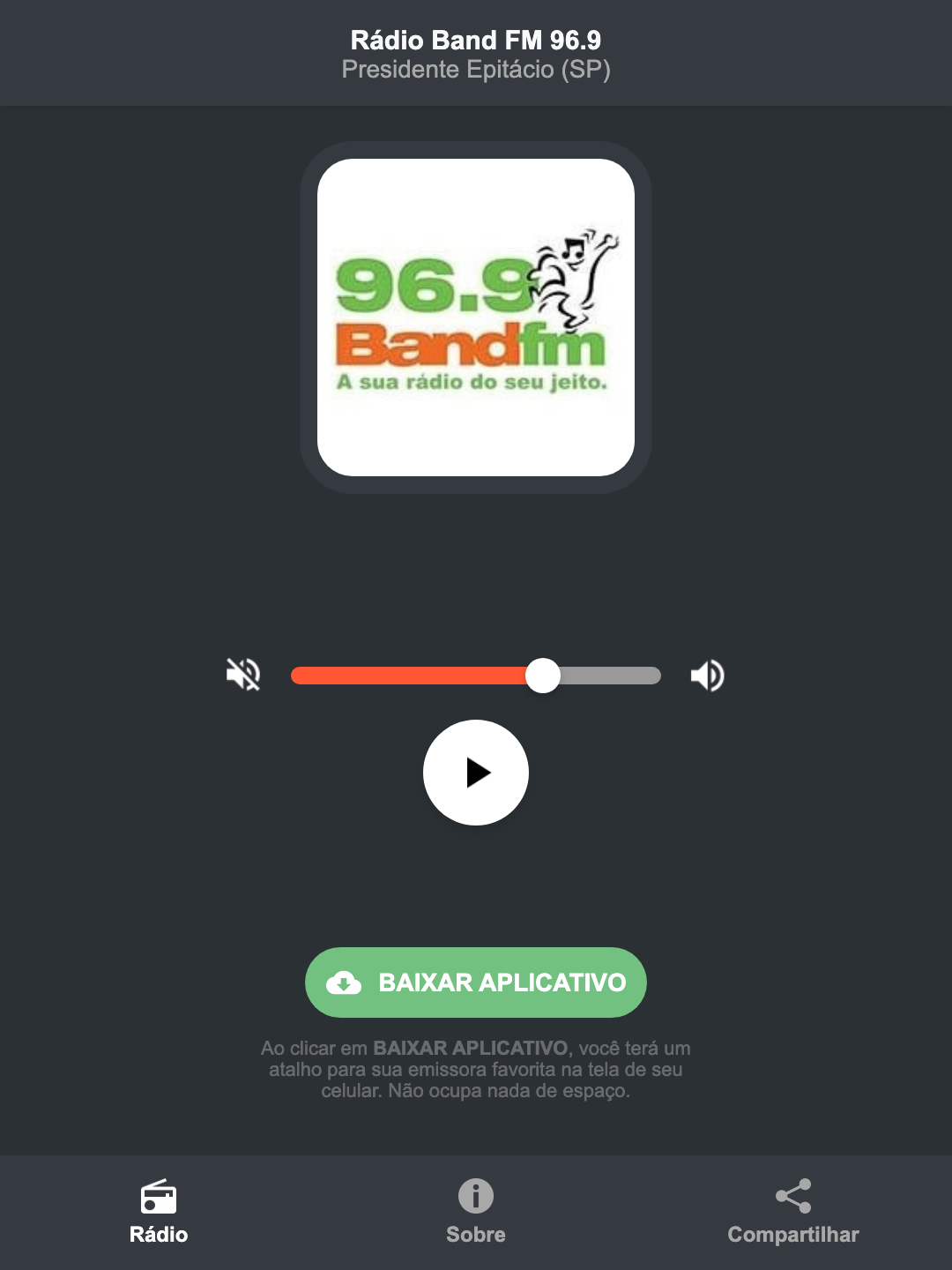 Screenshot do aplicativo da Rádio Band FM 96.9