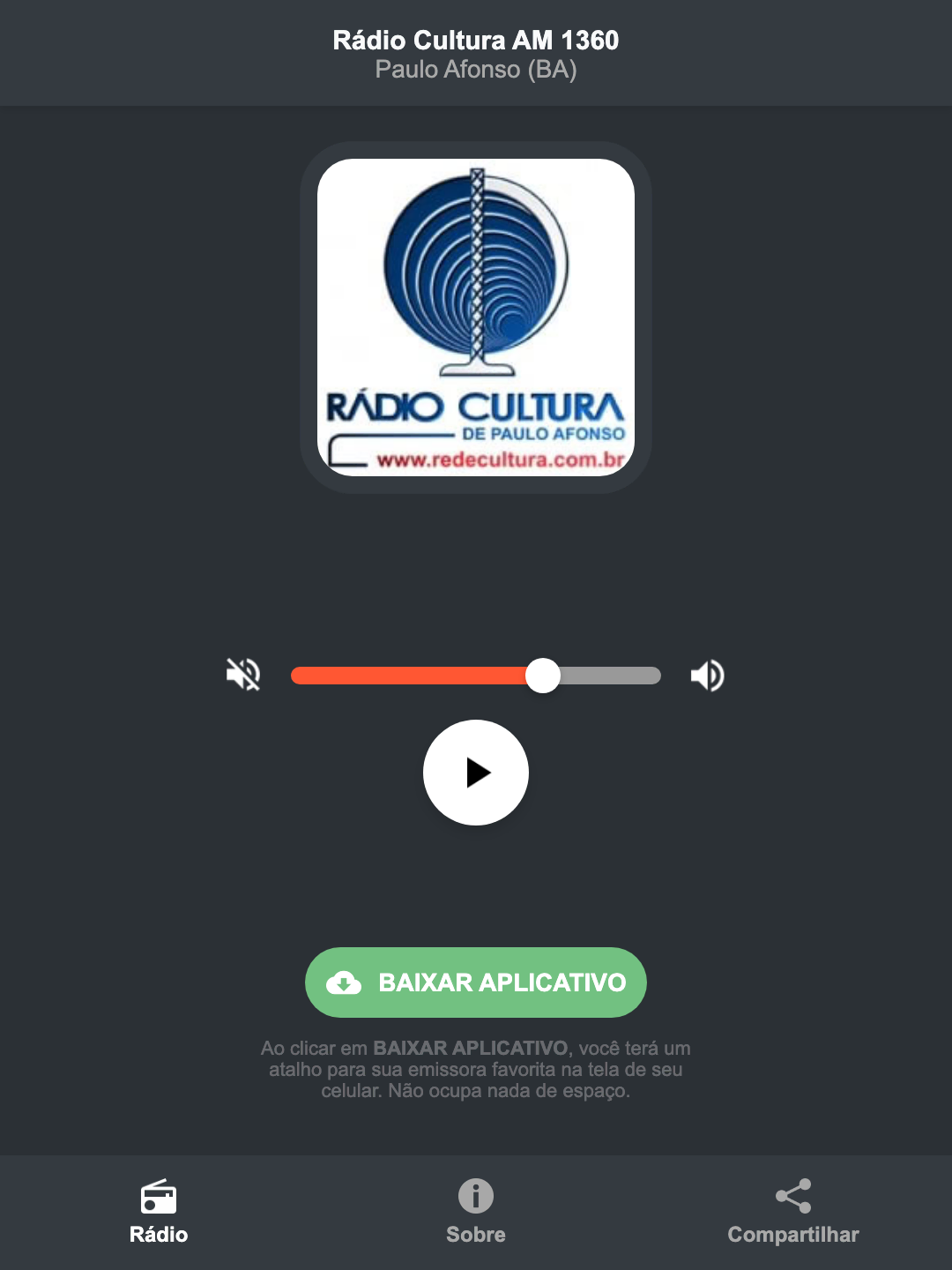 Screenshot do aplicativo da Rádio Cultura AM 1360