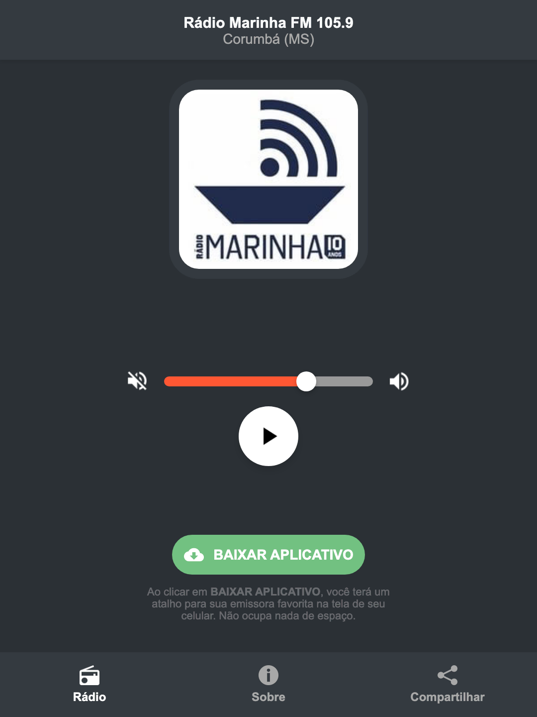 Screenshot do aplicativo da Rádio Marinha FM 105.9