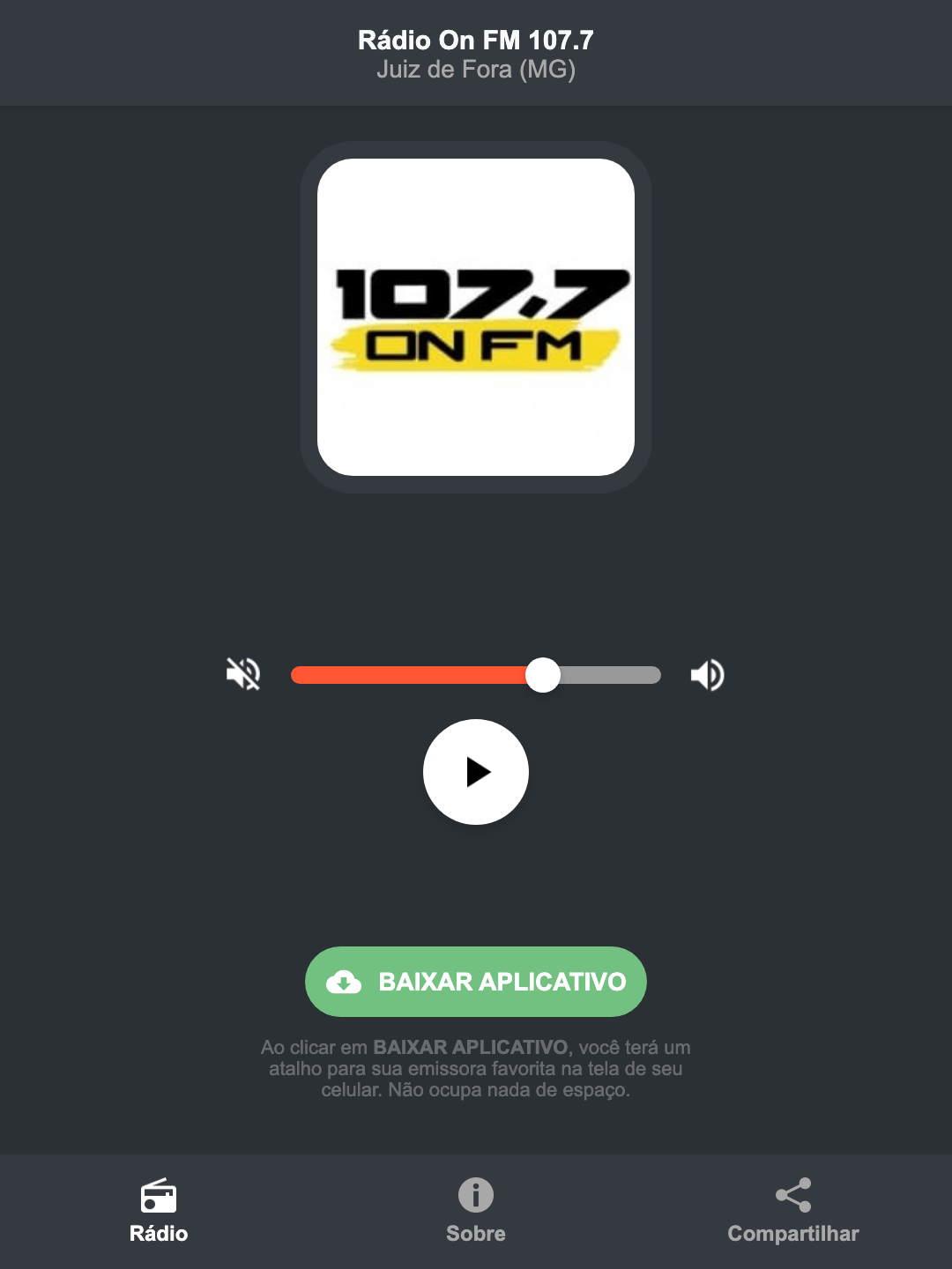 Screenshot do aplicativo da Rádio On FM 107.7