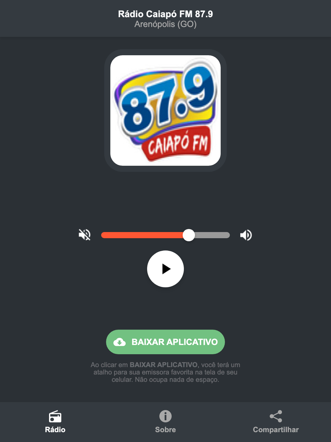 Screenshot do aplicativo da Rádio Caiapó FM 87.9