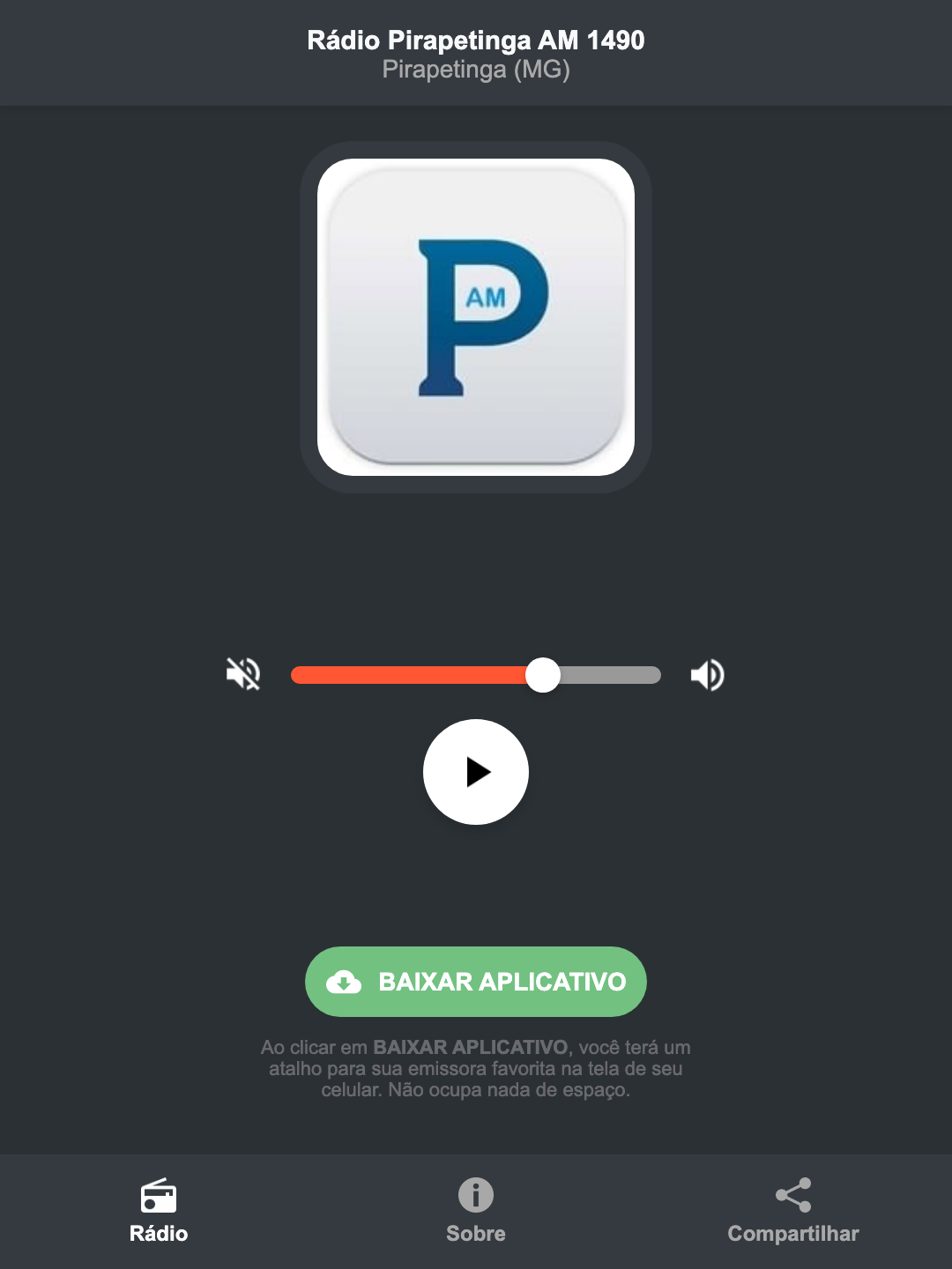Screenshot do aplicativo da Rádio Pirapetinga AM 1490