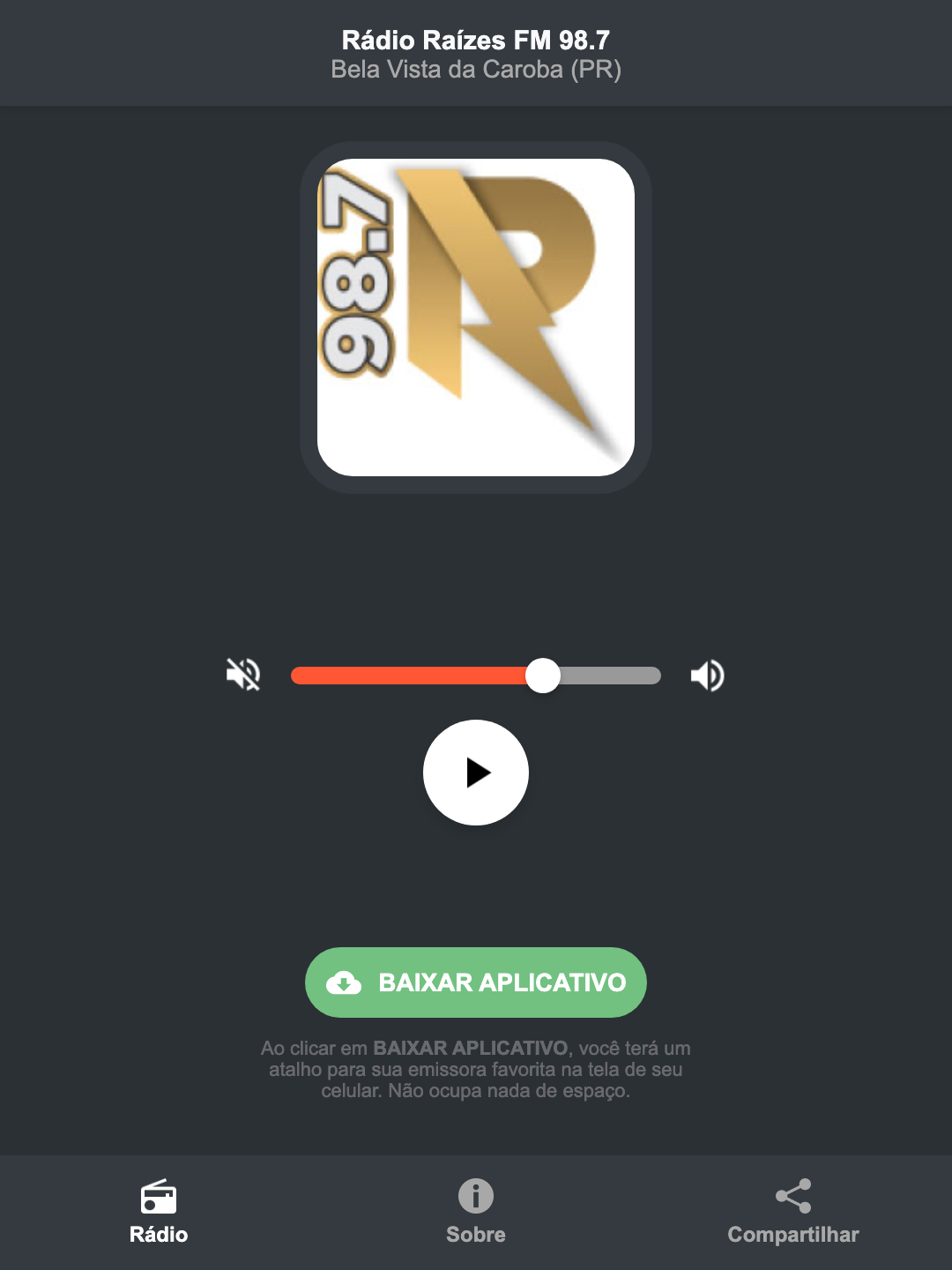 Screenshot do aplicativo da Rádio Raízes FM 98.7