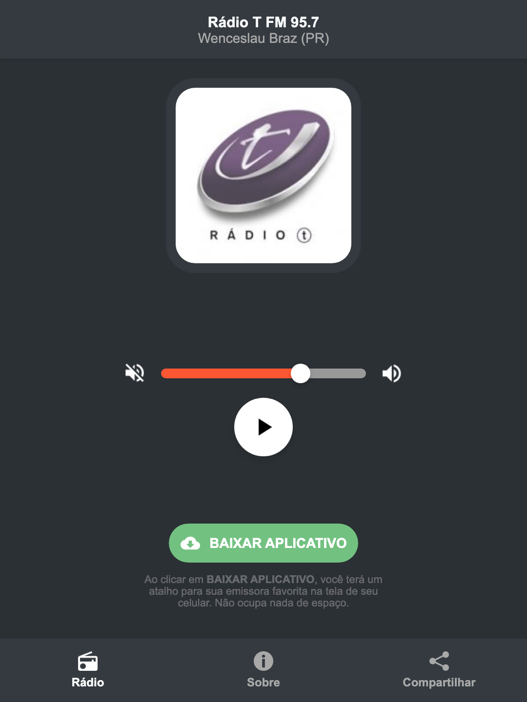 Screenshot do aplicativo da Rádio T FM 95.7
