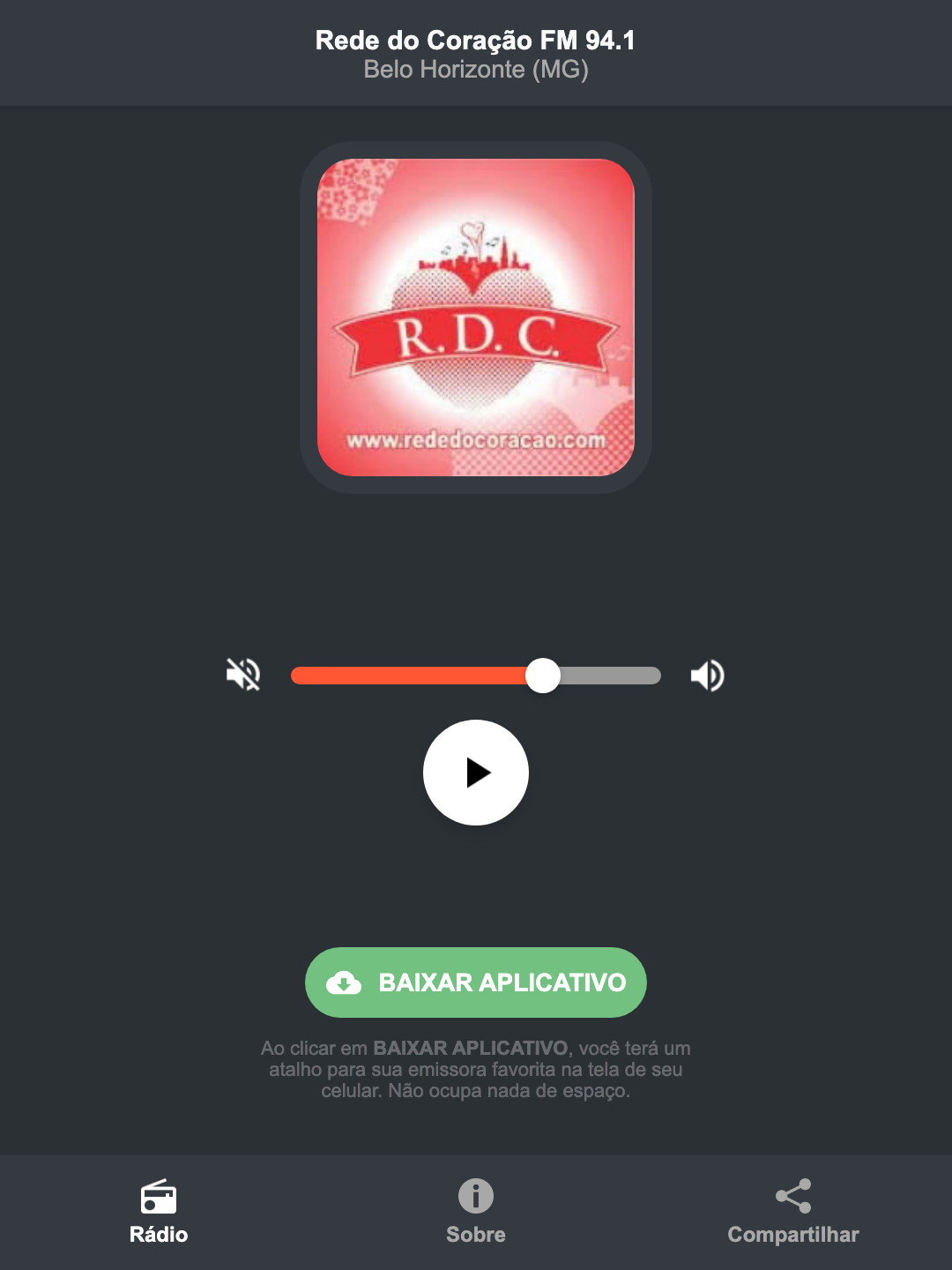 Screenshot do aplicativo da Rede do Coração FM 94.1
