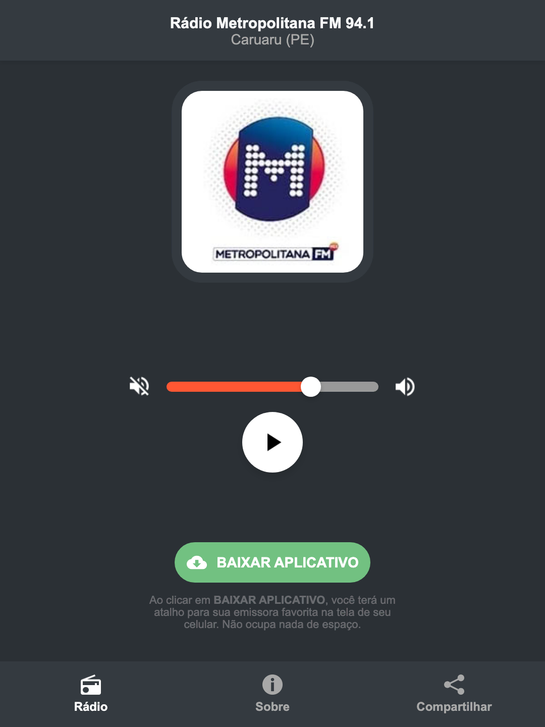 Screenshot do aplicativo da Rádio Metropolitana FM 94.1
