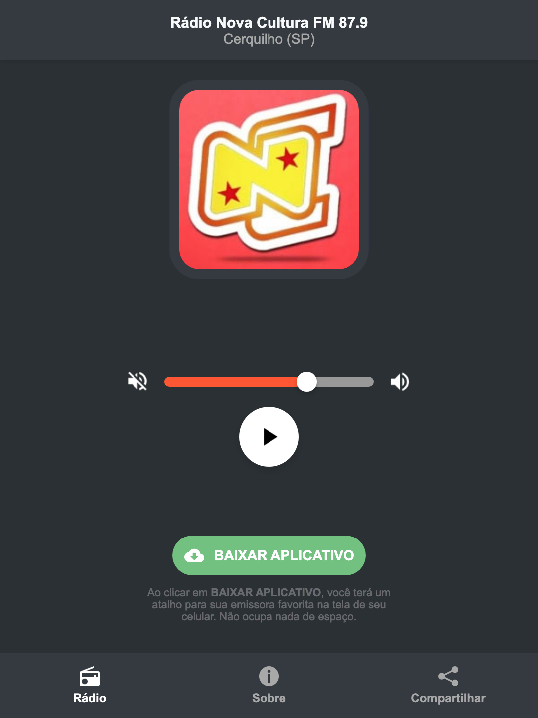 Screenshot do aplicativo da Rádio Nova Cultura FM 87.9