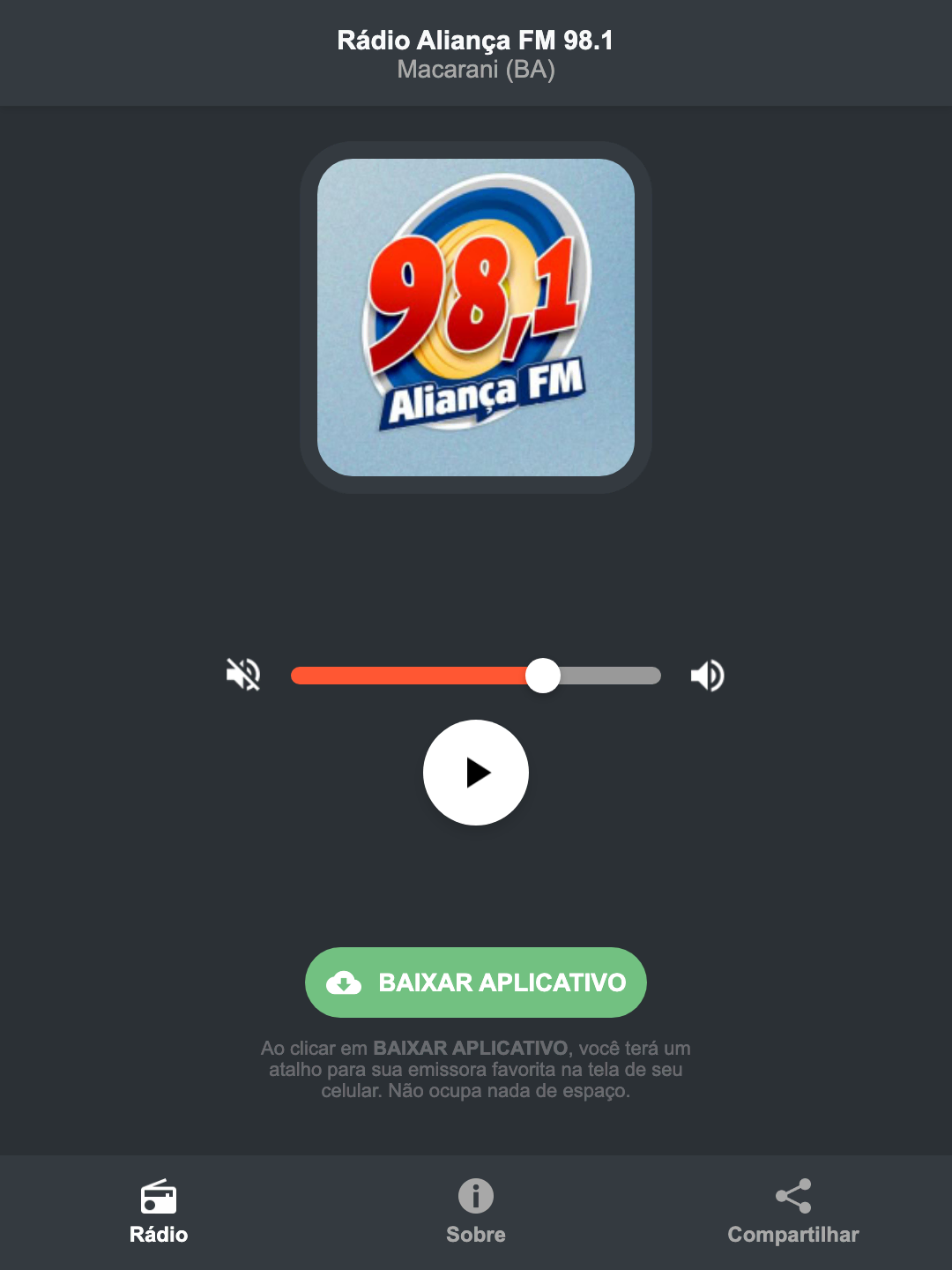 Screenshot do aplicativo da Rádio Aliança FM 98.1
