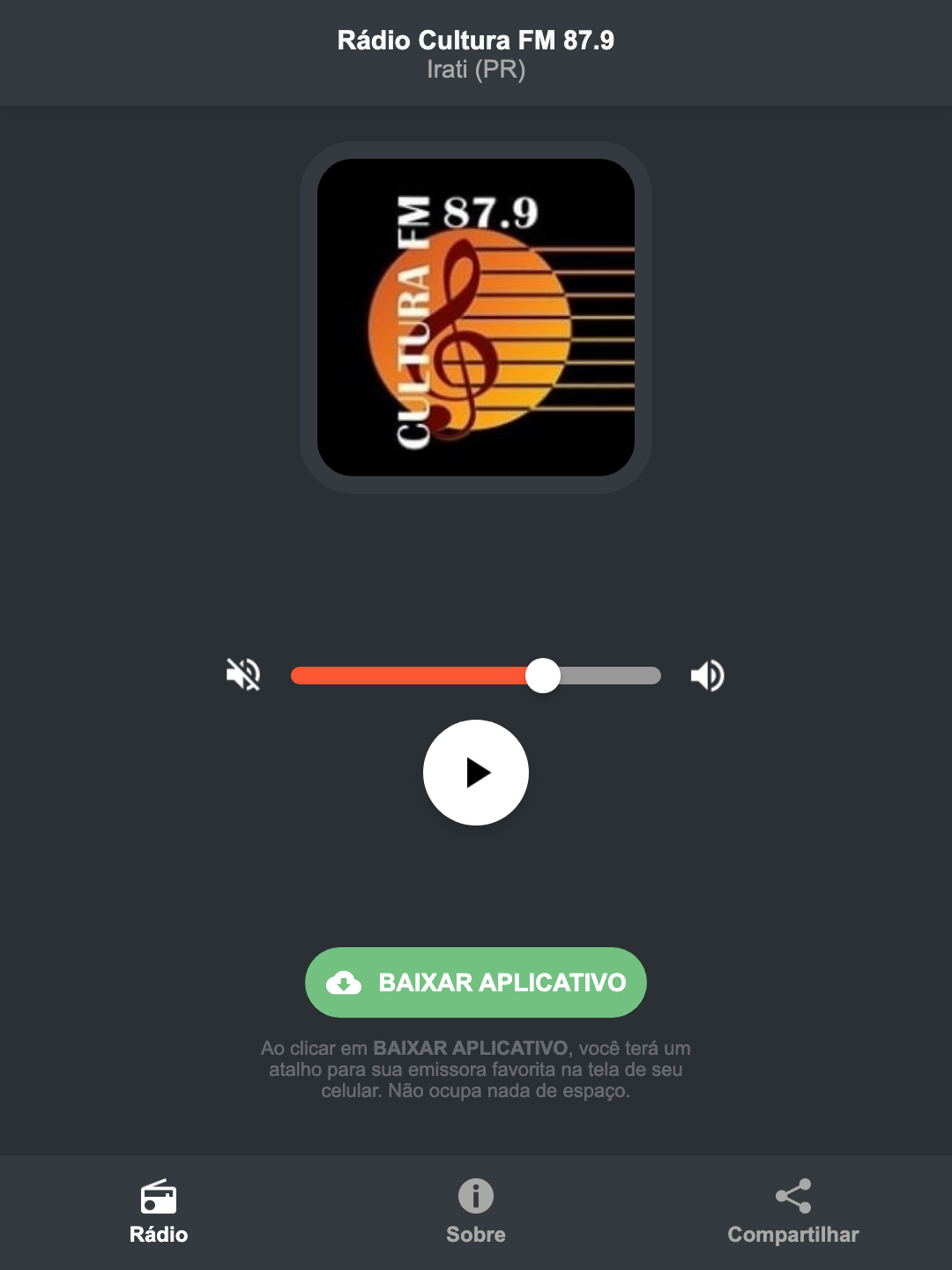 Screenshot do aplicativo da Rádio Cultura FM 87.9